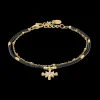 Damen Armband Zweireihiges ANTHAREA Gold Edelstahl Schwarze Perlen