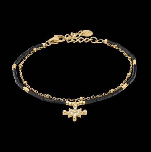 Damen Armband Zweireihiges ANTHAREA Gold Edelstahl Schwarze Perlen
