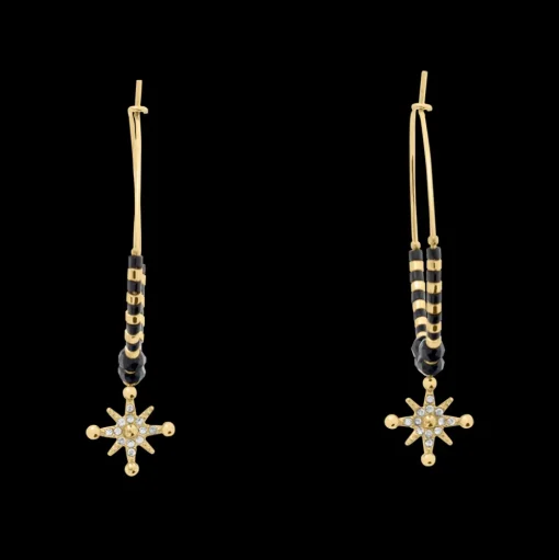 Damen Creolen Ohrring ANTHAREA Gold Edelstahl Schwarze Perlen