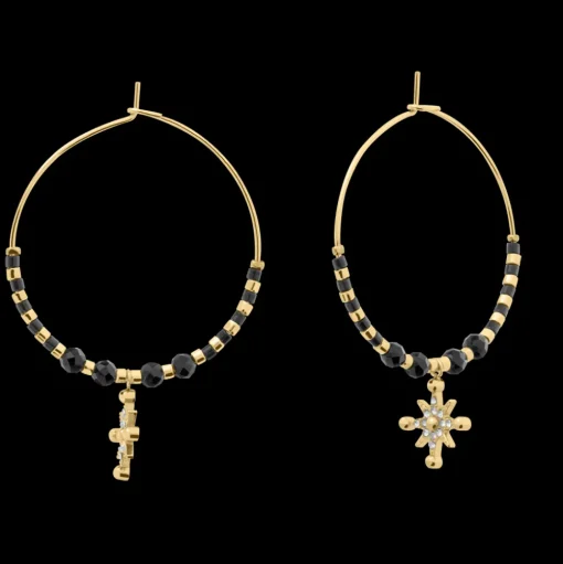 Damen Creolen Ohrring ANTHAREA Gold Edelstahl Schwarze Perlen