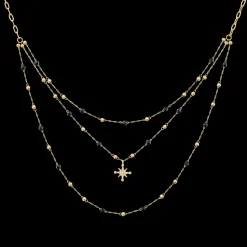 Damen Halskette Dreireihiges AUSTRALE Gold Edelstahl Schwarze Perlen