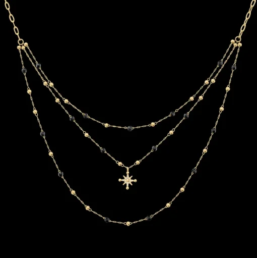 Damen Halskette Dreireihiges AUSTRALE Gold Edelstahl Schwarze Perlen