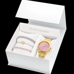 Damen Set ROXANE Rosarot Zifferblatt Gold Edelstahl Armband