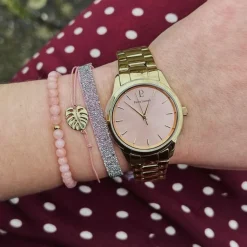 Damen Set ROXANE Rosarot Zifferblatt Gold Edelstahl Armband