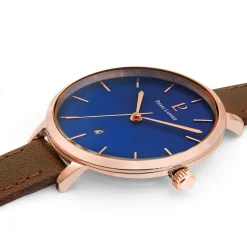 Damen Uhr ECHO Blau Zifferblatt Braun Leder Armband