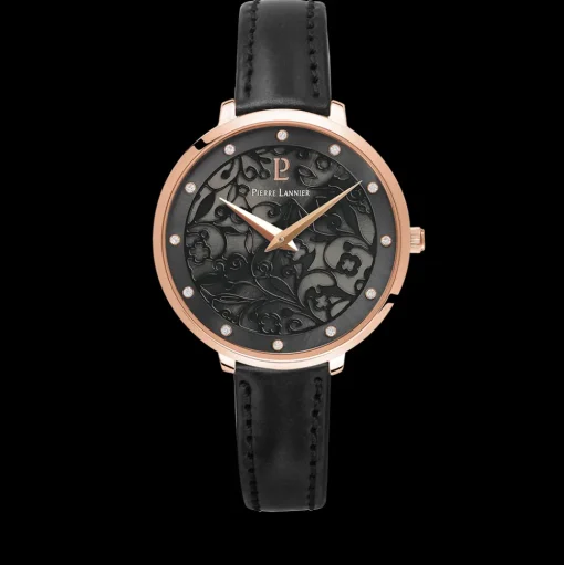Damen Uhr EOLIA Grau Zifferblatt Schwarz Leder Armband