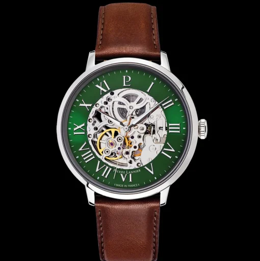 Herren Uhr AUTOMATIC Grün Zifferblatt Braun Leder 20 MM Armband