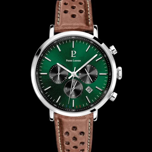 Herren Uhr BARON Grün Zifferblatt Braun Perforiertes Leder Armband