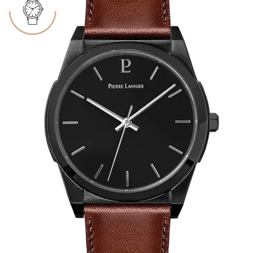 Herren Uhr CANDIDE Schwarz Zifferblatt Braun Leder Armband