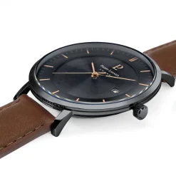 Herren Uhr INTI Schwarz Zifferblatt Braun Leder Armban