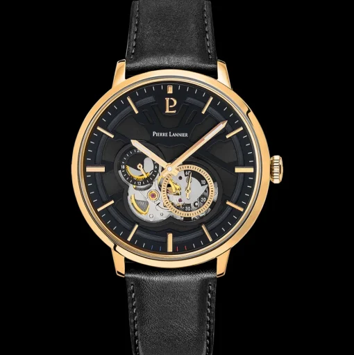 Herren Uhr TRIO Schwarz Zifferblatt Schwarz Leder Armband
