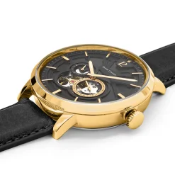 Herren Uhr TRIO Schwarz Zifferblatt Schwarz Leder Armband